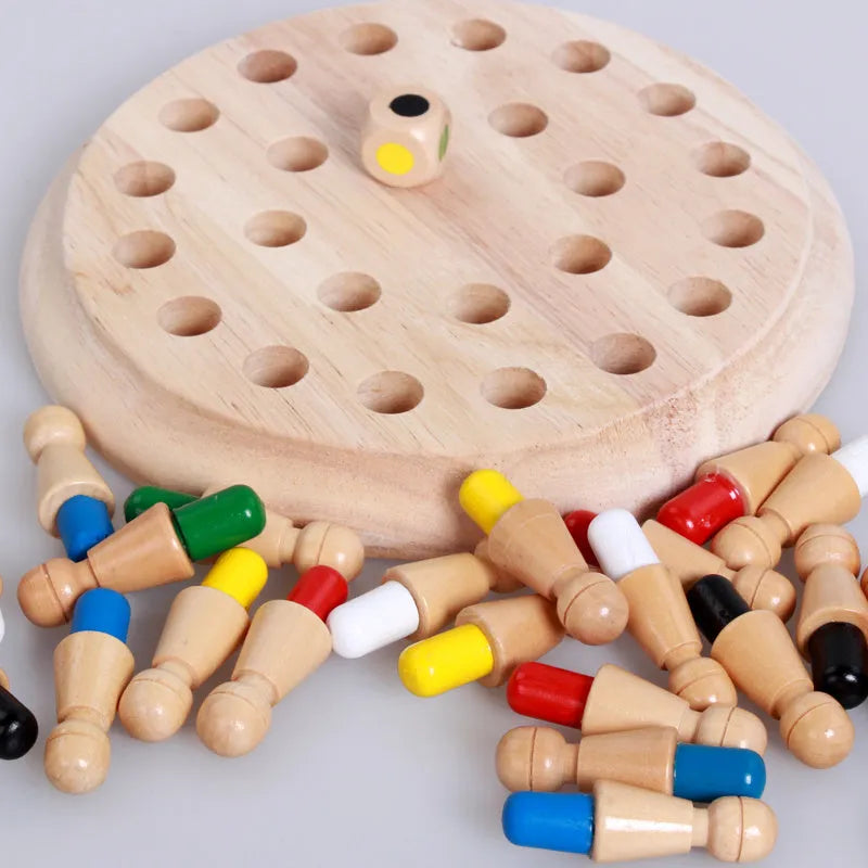 Wooden colour memory chess game board with dice and coloured pieces, 17.5cm square, in colour box