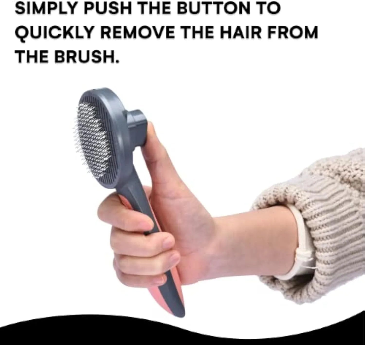 Grey self-cleaning slicker brush for grooming cats and dogs, showing the one-click cleaning button and soft-tipped bristles.