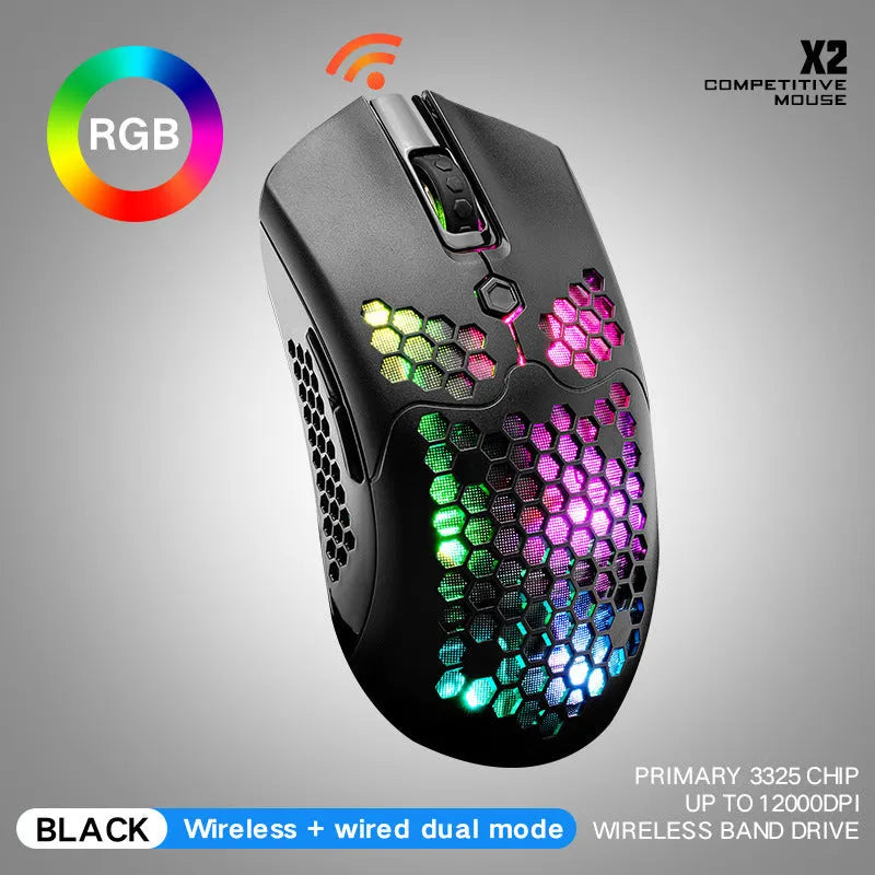 Free Wolf X2 wireless gaming mouse in black, green, pink, white, or yellow with RGB lighting and dual-mode connectivity
