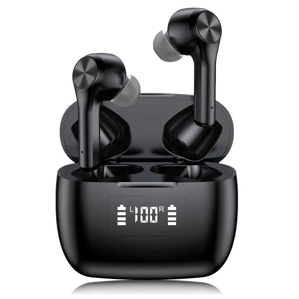 Cool black wireless stereo earphones with touch controls and charging case