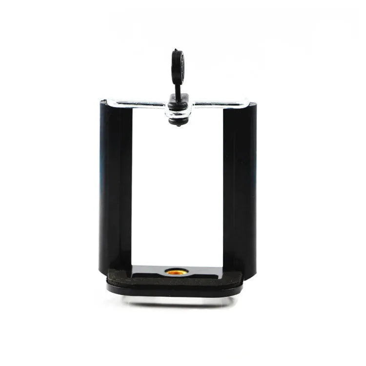 Black plastic U clip mobile phone holder with flexible hose arm for car dashboard mounting.