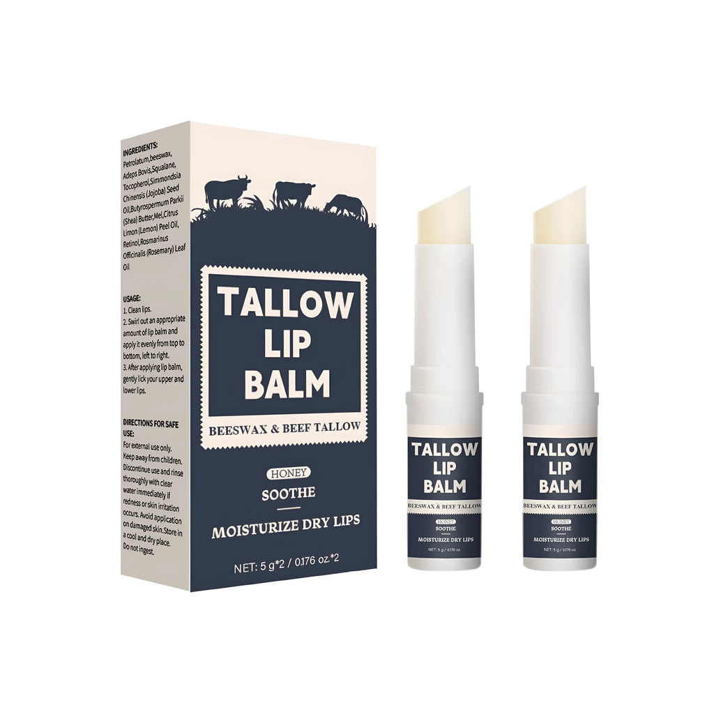 Two standard size beef fat lip balm sticks packaged together.
