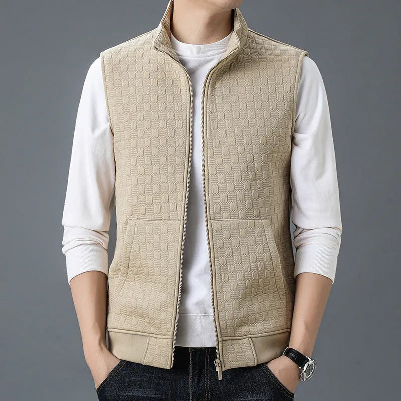 Men's sleeveless waistcoat vest in polyester blend fabric available in black, brown, khaki, and grey colours