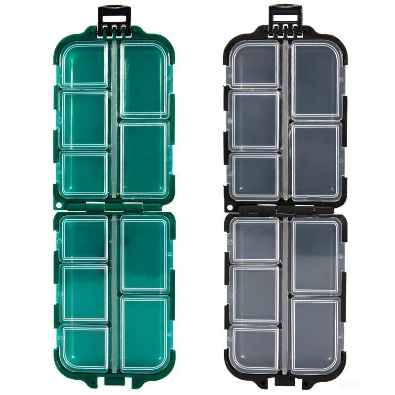 Plastic fishing tackle storage box with ten compartments in black, blue, or green.