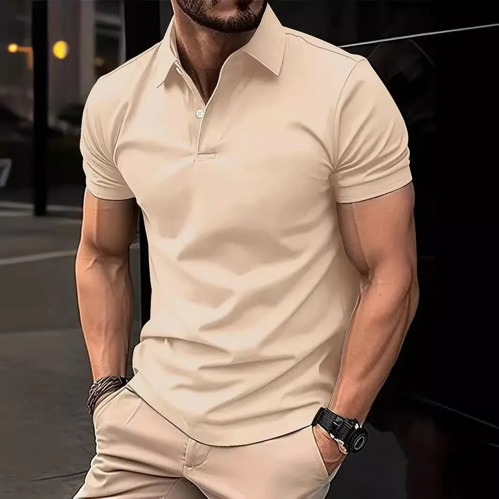 Men's slim fit short sleeve button-up shirt in a solid colour, made from cotton-polyester blend fabric.