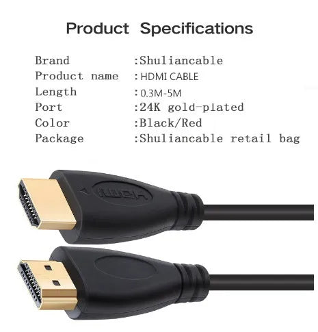 Gold-plated male-to-male HDMI cable in multiple lengths for HDTV and game consoles.