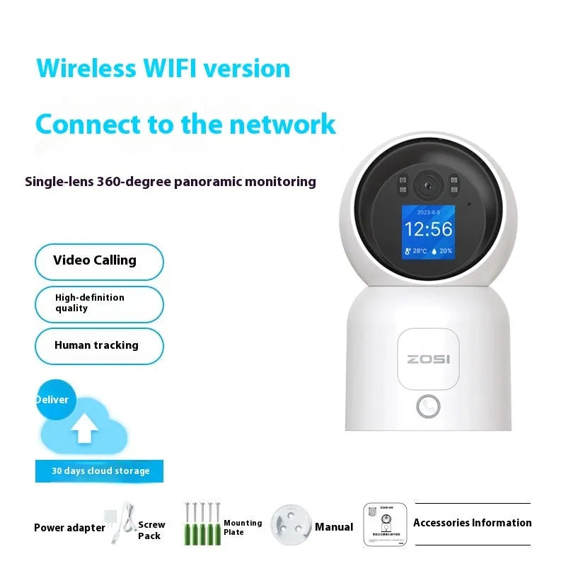 Zhou Shi indoor wireless wifi security camera with large screen, plastic shell, and screw-fixed bracket.