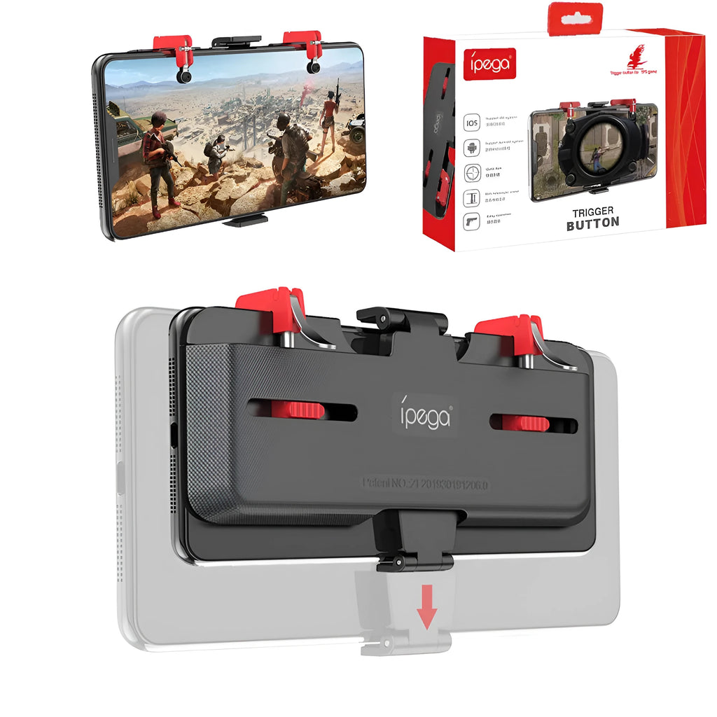 Black mobile phone gaming trigger bracket with an adjustable metal trigger and telescopic side clip.