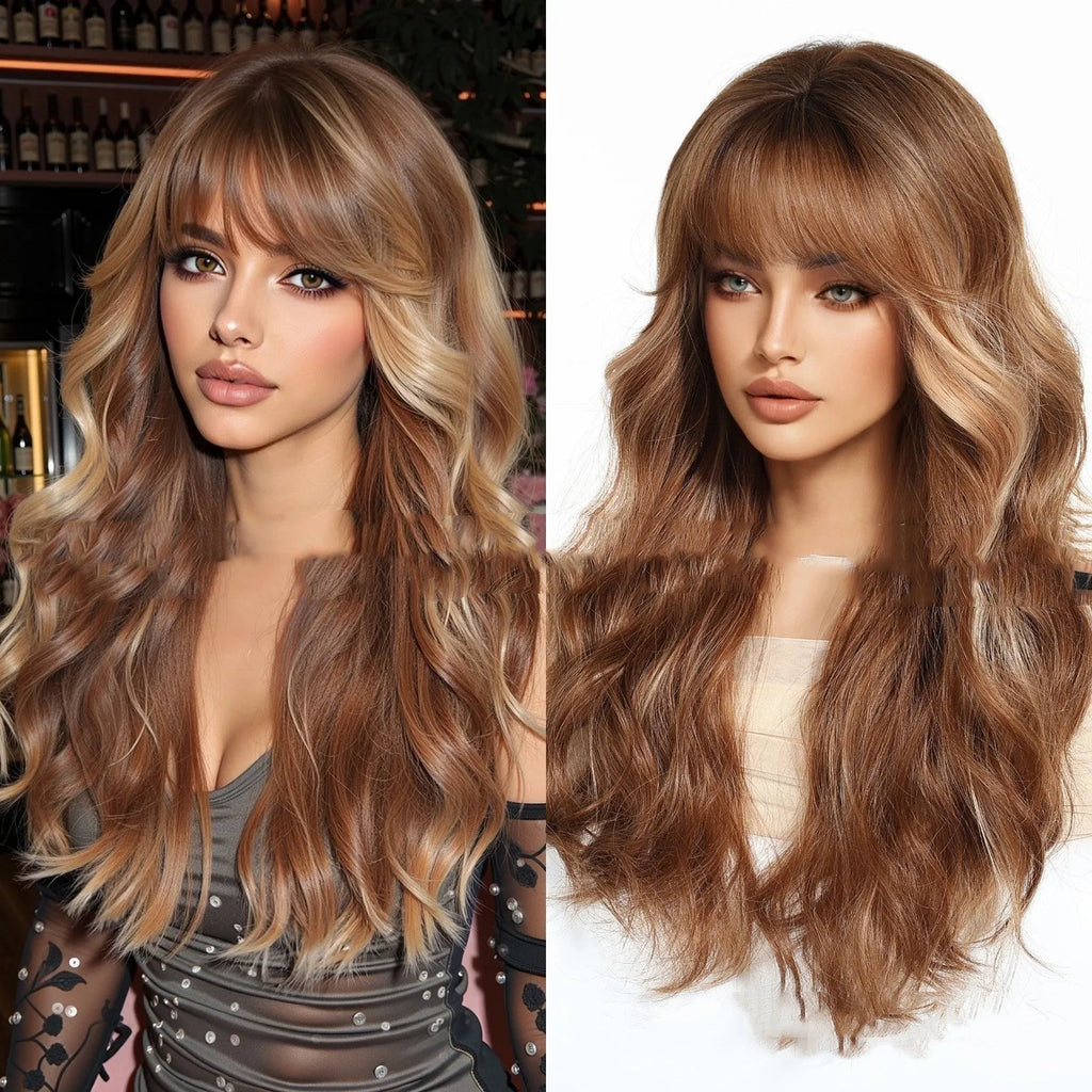 Full-head chemical fibre fringe wig with brown highlights and long curly hair in SWLC8327-1BL24 colour