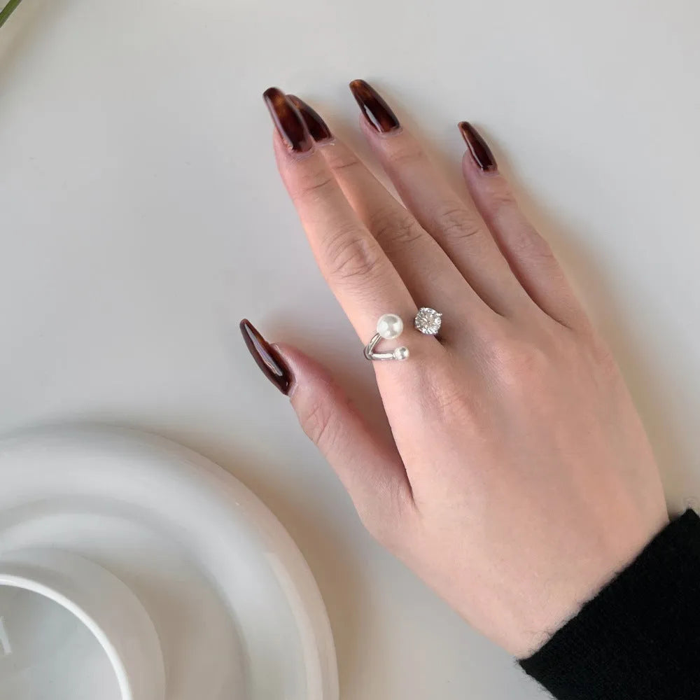 S925 sterling silver open ring with zircon and pearl inlay, electroplated platinum finish, adjustable opening