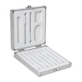 Silver aluminium soldering iron storage case with carrying handle showing compact dimensions
