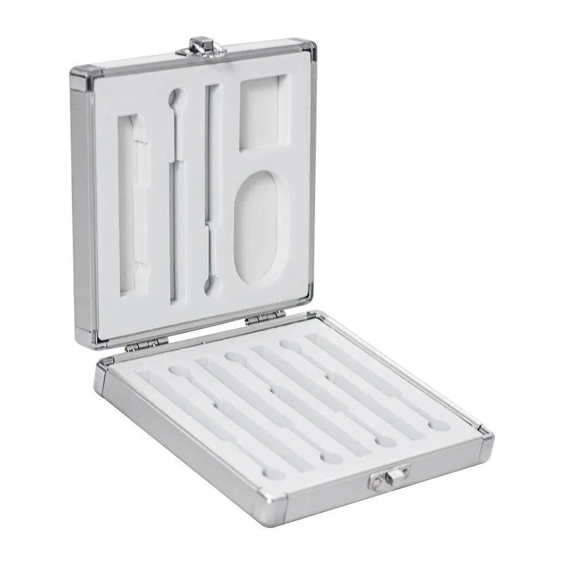 Silver aluminium soldering iron storage case with carrying handle showing compact dimensions