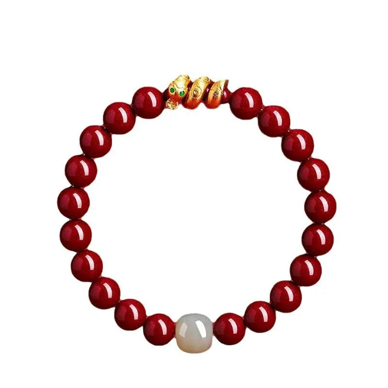 Handmade Chinese style cinnabar bracelet with snake zodiac beads in 6mm or 8mm diameter options