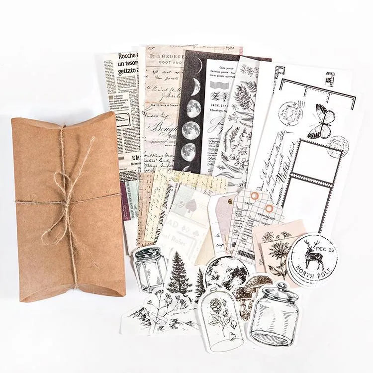 Hand account material set with six retro room notes style packs, 30 patterned sheets, sizes 50mm to 150mm