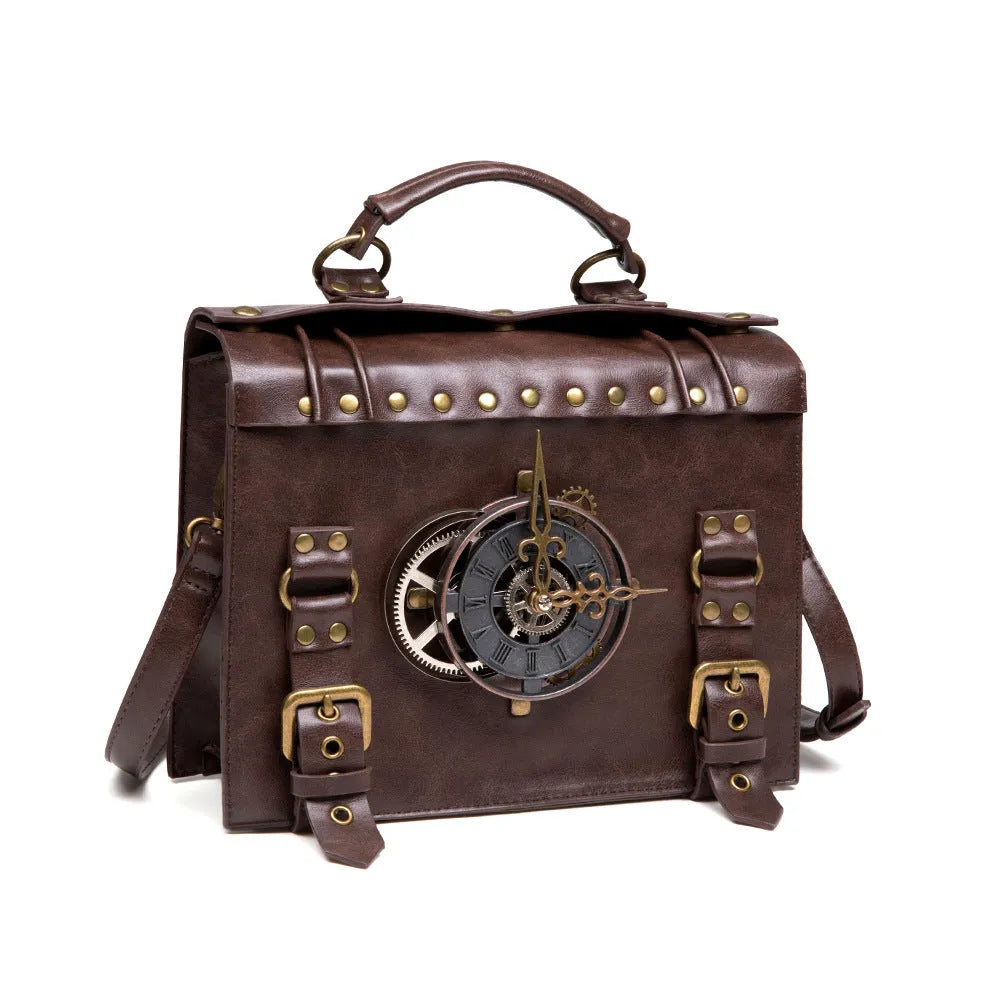 Bronze steampunk pillow shoulder bag with metal hardware on a structured square PU body.