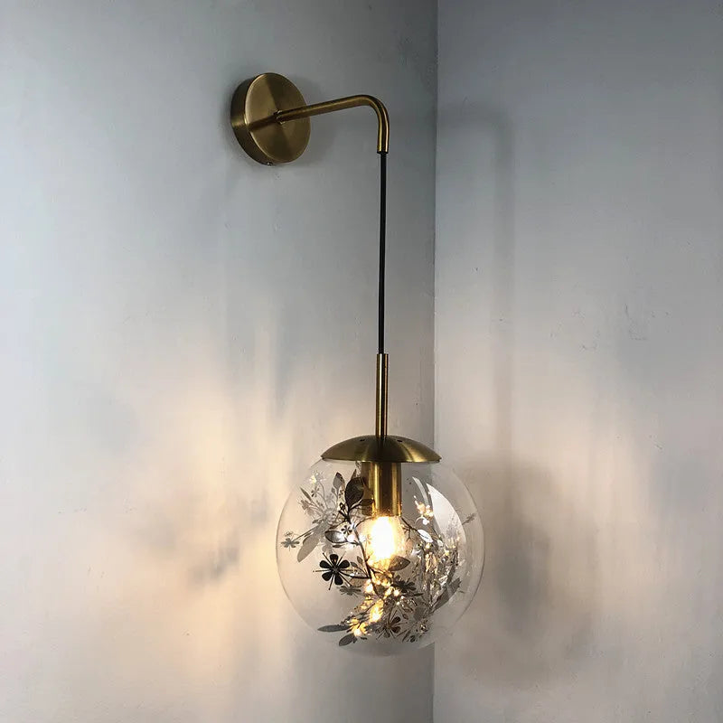 Modern glass bedside wall lamp in golden flower or silver flower finish