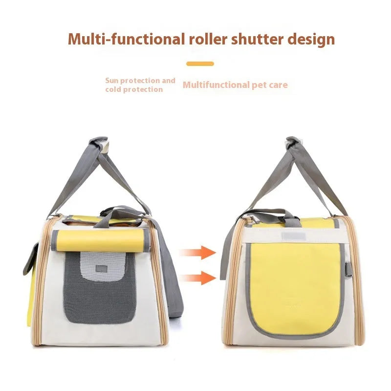 Foldable canvas pet carrier backpack for small dogs and cats in yellow, green, or black