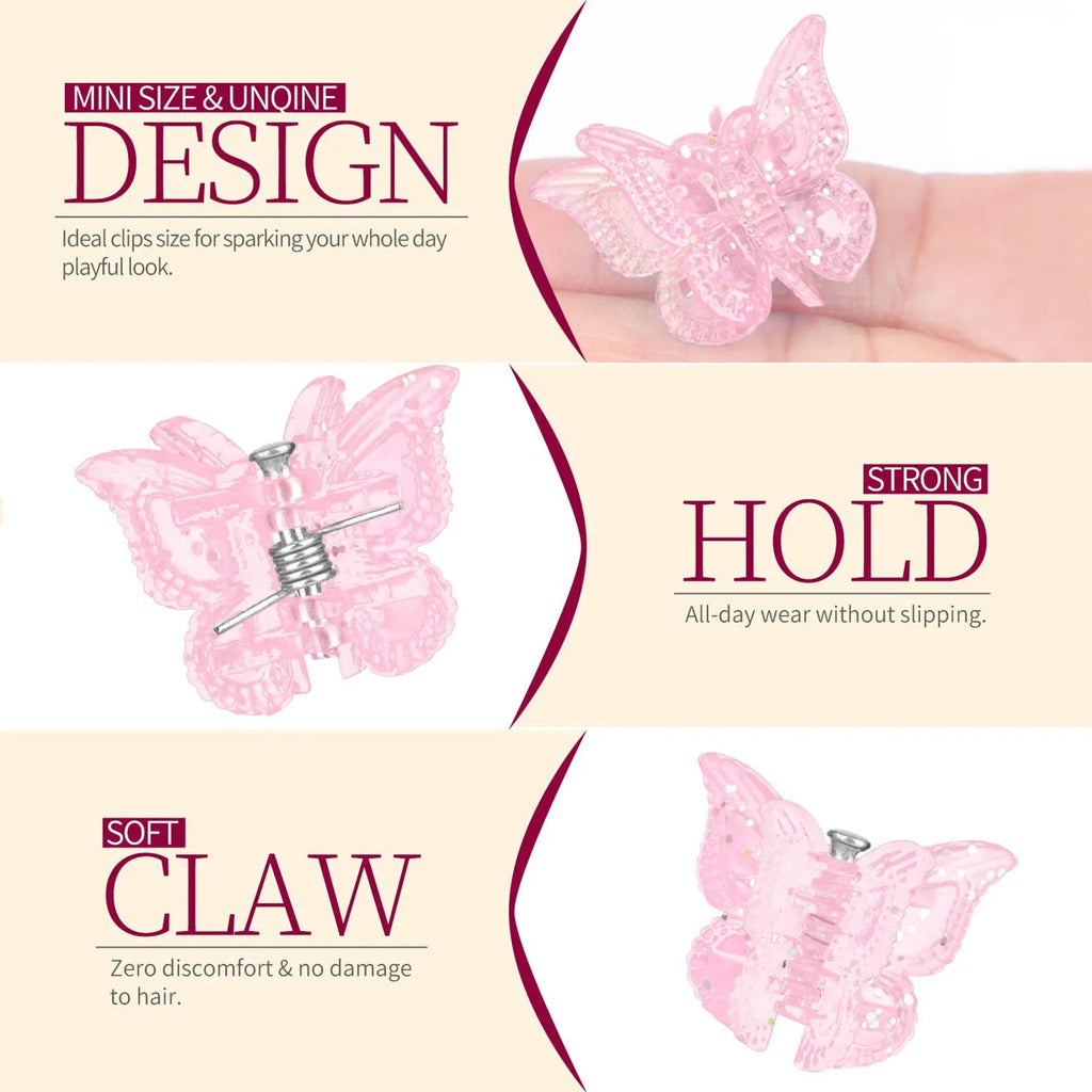 50 glitter butterfly hair claw clips in 14 colours displayed on white background