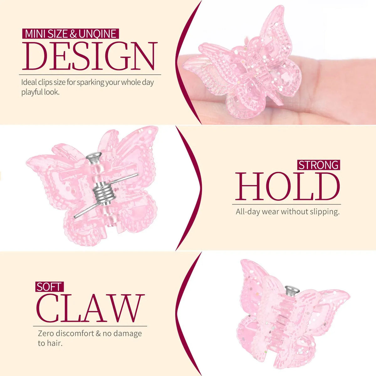 50 glitter butterfly hair claw clips in 14 colours displayed on white background