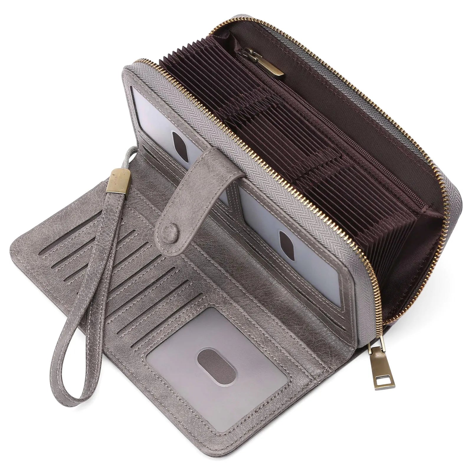 Women's expanding card holder long wallet in synthetic leather with anti-theft swiping function