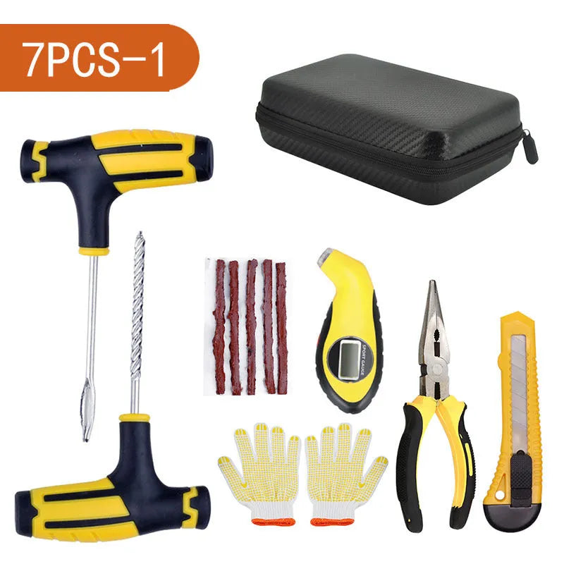 Steel vacuum tire repair tool set with PVC bag and tools for car motorcycle bicycle tyres