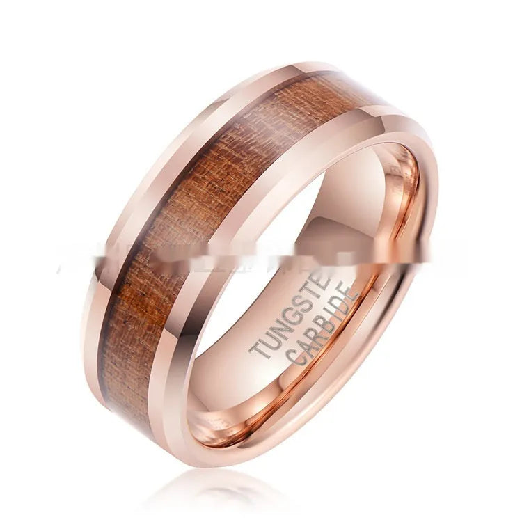 Men's 8mm wide U-shaped tungsten ring in rose gold finish on a hand.
