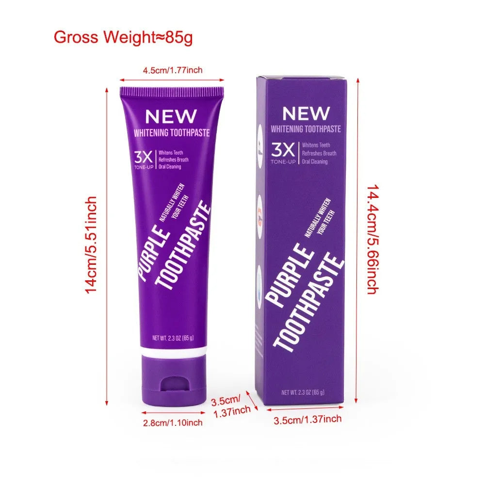 Purple whitening toothpaste tube for adults in 120g and 65g sizes for removing yellow stains