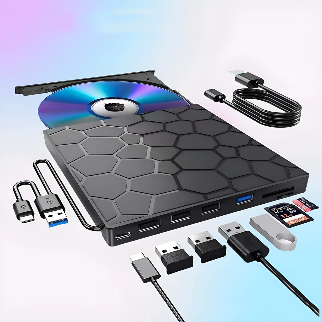 Black external USB CD drive writer with compact rectangular design