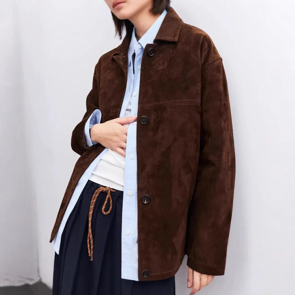 Retro cashmere coat with Peter Pan collar and leather stitching details in genuine leather wool