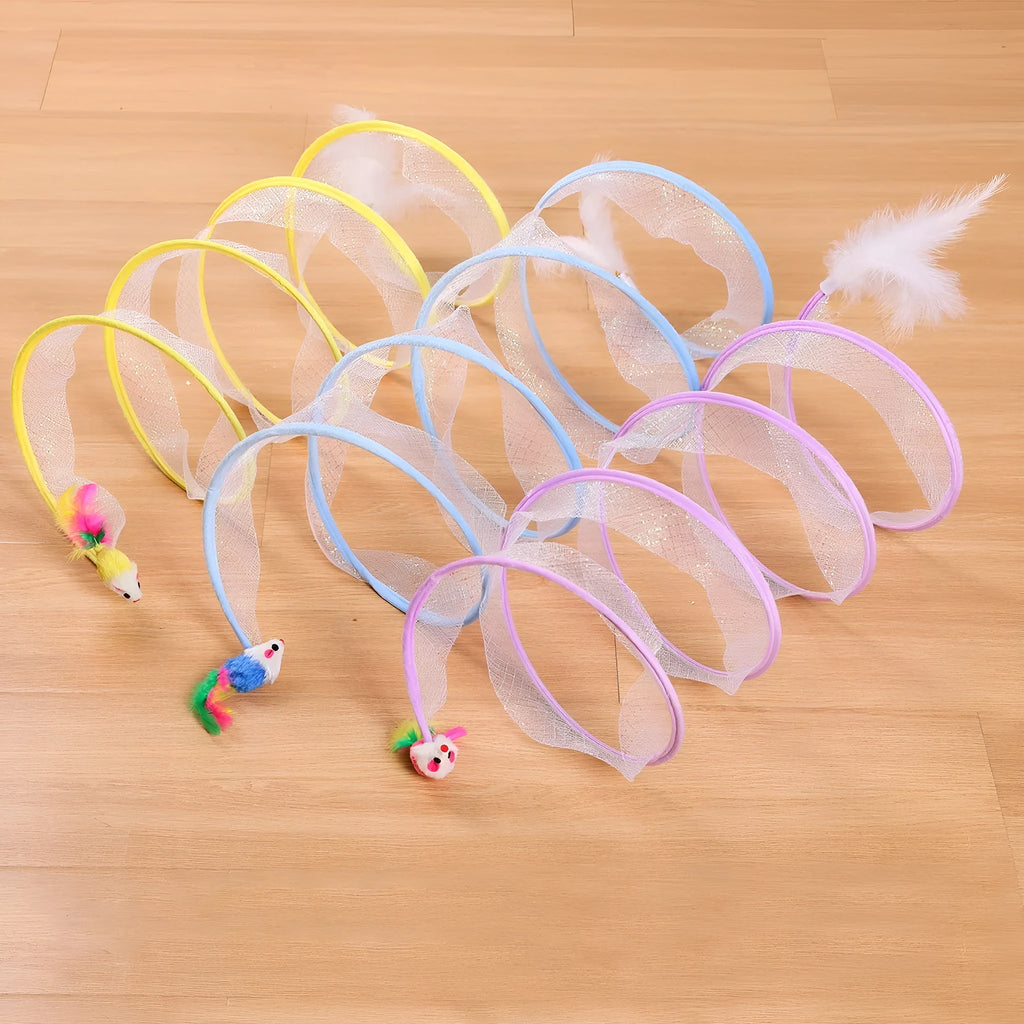 Bendable S-type cat tunnel toy with elastic net and feather lures on a flexible steel wire frame.