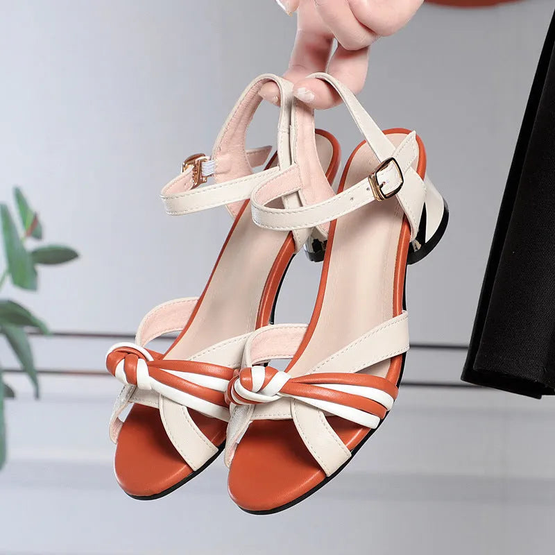 Women's hollow out cowhide sandals with buckle fastening, thick heel and rubber sole, black or beige, sizes 34 to 43