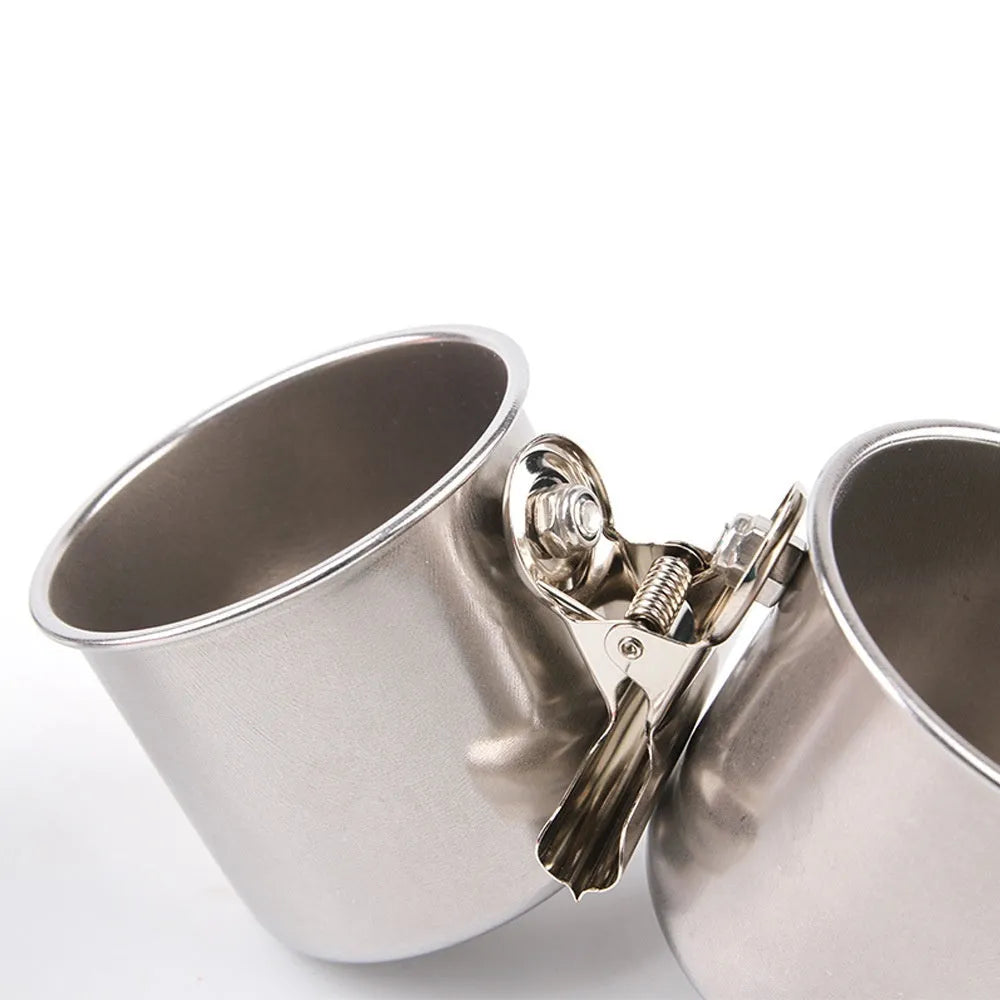 Stainless steel birdcage food container outdoor feeder in natural metal colour.