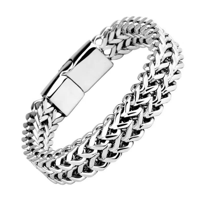 Silver titanium steel men's geometric link bracelet showing 4x8mm and 5x10mm size options.