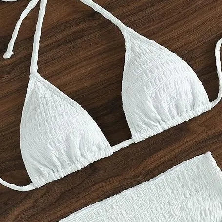 White lace-up split three-piece bikini swimsuit set for women in spandex