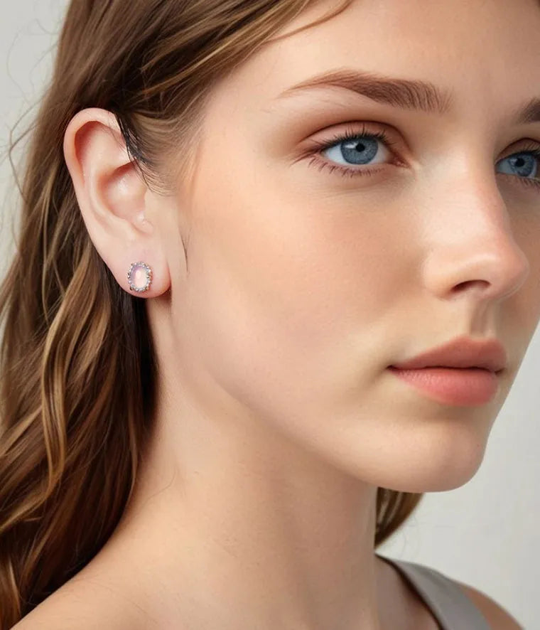 Women's 925 sterling silver magic stone stud earrings with geometric ellipse shape French romantic style