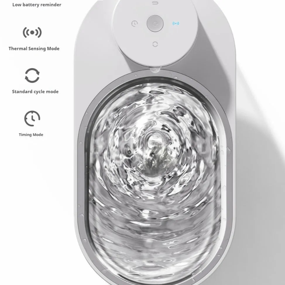 Black wireless stainless steel pet water dispenser with built-in battery for cats and dogs on a floor