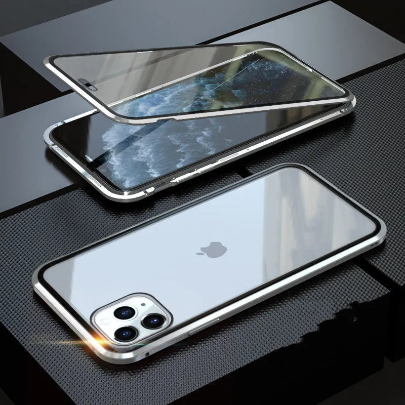 Anti-spy privacy phone case in black with a glass screen guard, shown next to an iPhone.