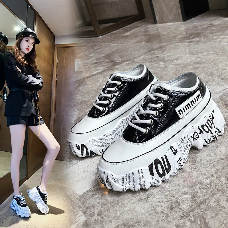 Newspaper Trifle Bottom trendy casual heightening sneakers in black microfibre leather