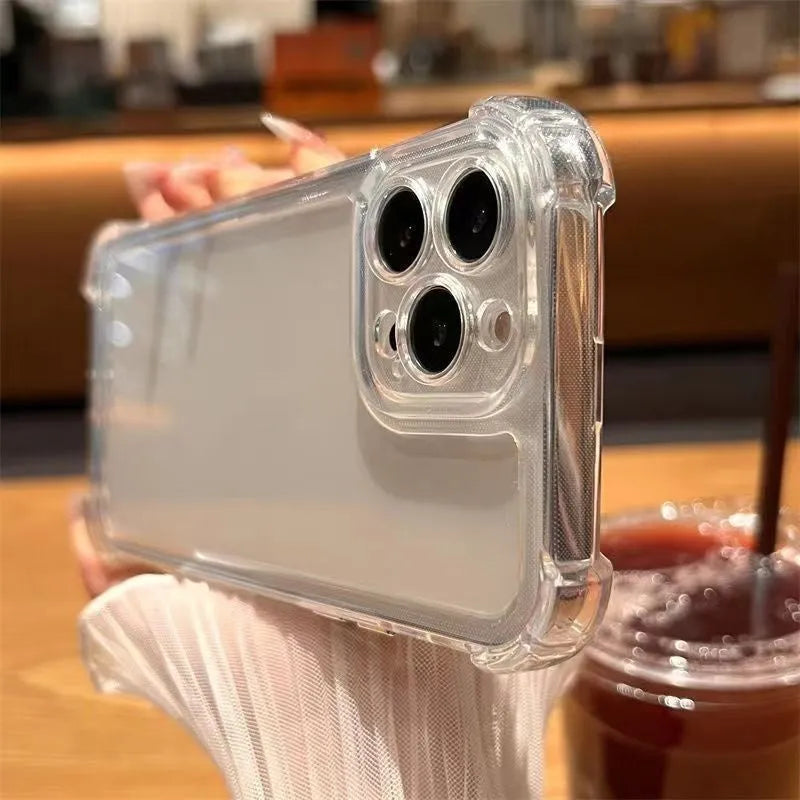 Acrylic phone case with four-corner airbag drop protection for Apple iPhone, transparent fine hole design