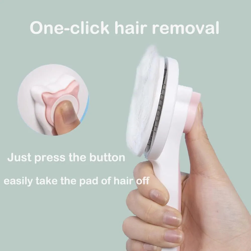 Blue self-cleaning cat brush with rubber handle and button for one-click hair removal.