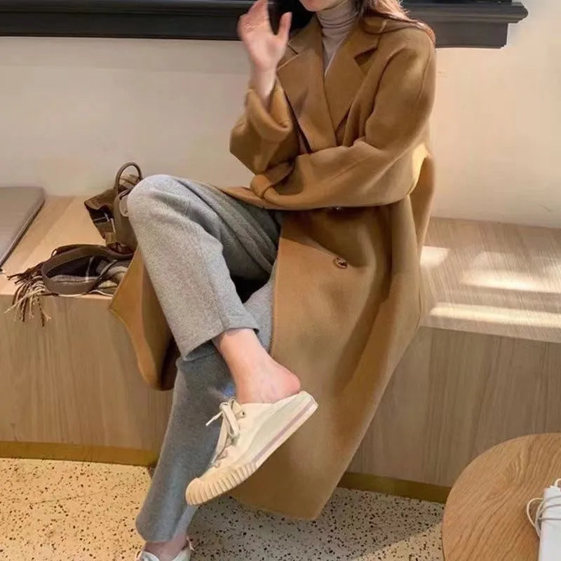 Women's High-Grade Woolen Coat Long Sleeve Conventional Sleeve Coat Black Apricot Camel Size S M L XL 2XL for Everyday Wear