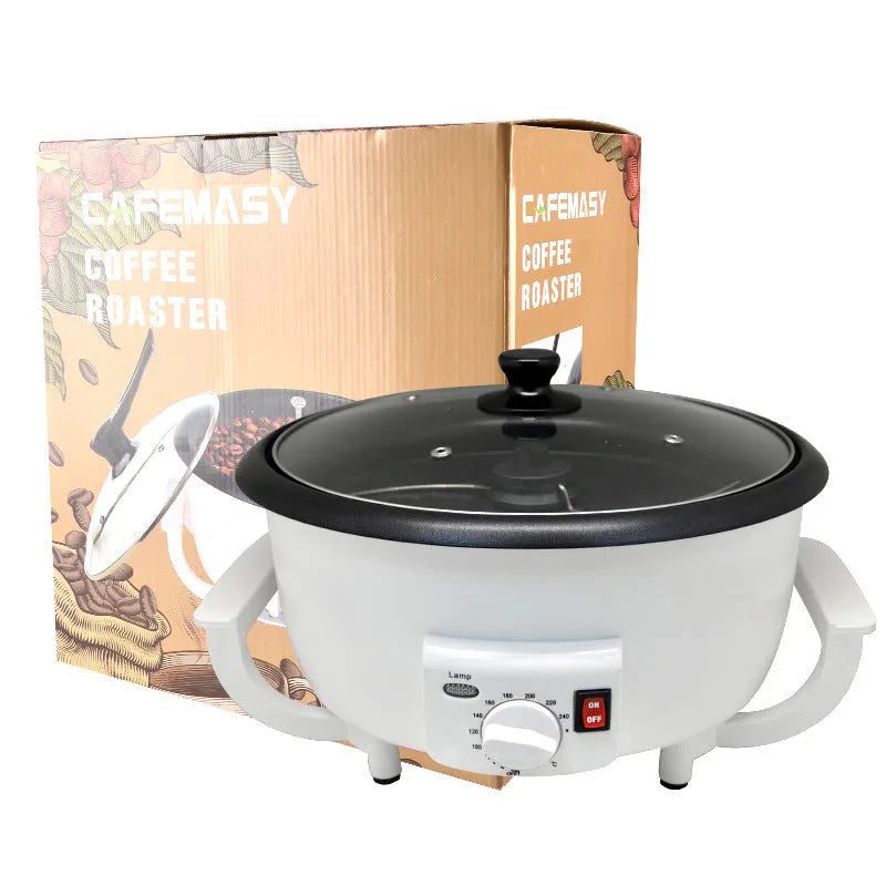 White oblate coffee bean roasting machine with 225mm base for home use.