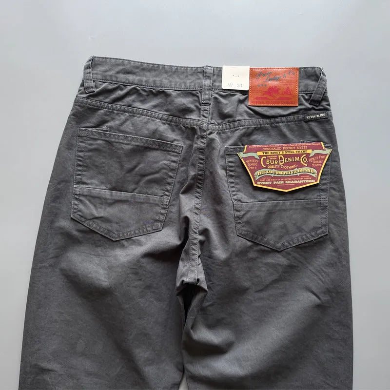 Men's straight-leg cotton trousers in Army Green, Grey or Khaki with mid-waist fit