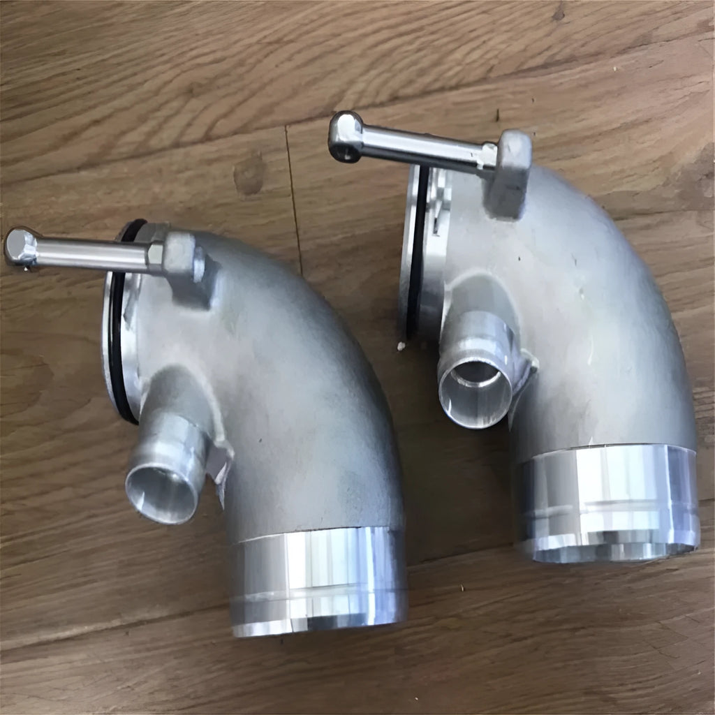 Red aluminium alloy 90-degree turbocharger elbow pipe for modified car engine bay