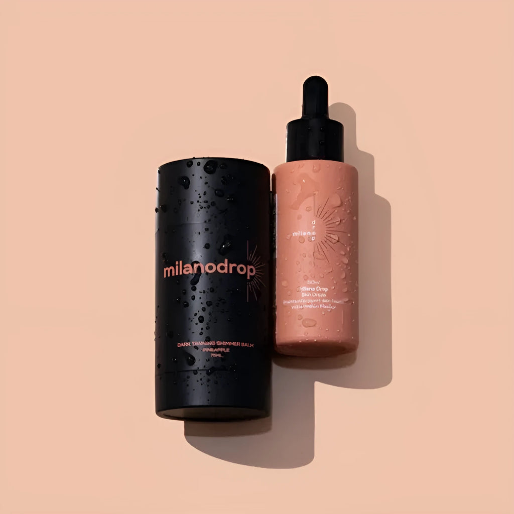 Matte Sun Tanning Black Liquid set showing 50ml tanning drops and 75ml tanning flash cream