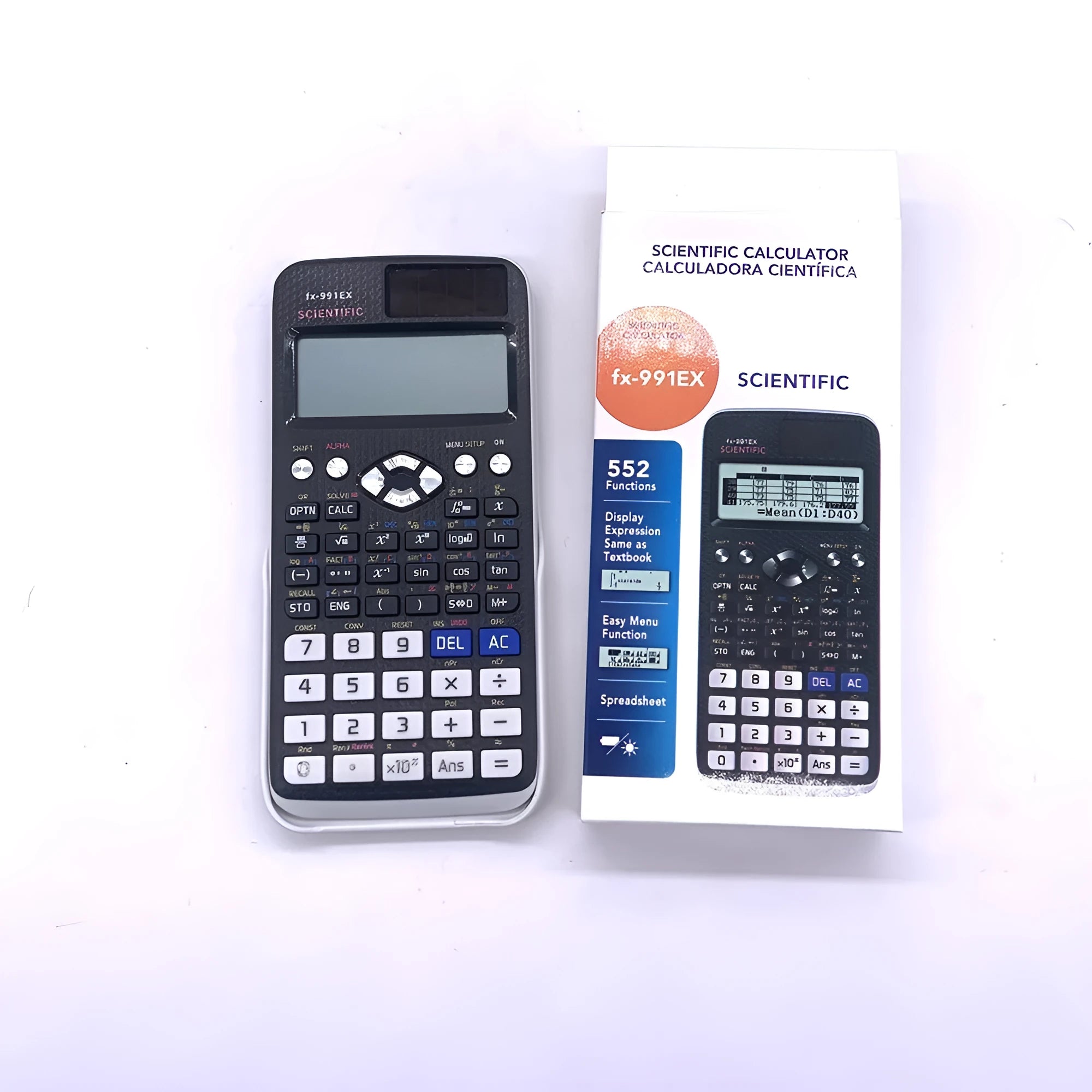 991EX scientific calculator with solar panel and ABS casing in black blue or pink