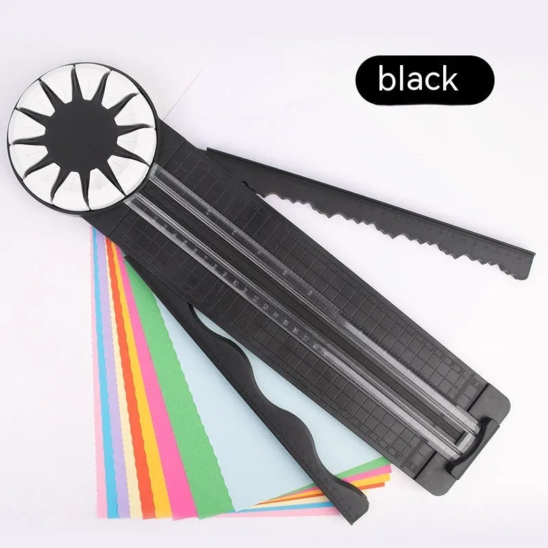 12-in-1 plastic paper cutting machine with dotted cutter measuring 46.2cm long in pink and black colour options