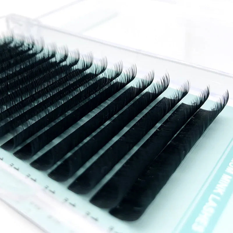 Artificial fibre false eyelashes with soft velvet texture showing length options from 7mm to 15mm