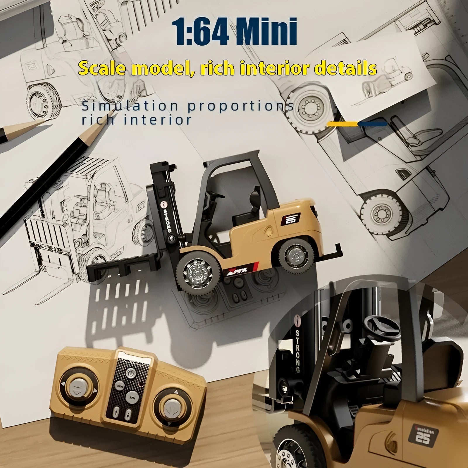 1:64 scale mini alloy remote control forklift toy with remote, cargo hook, forks, and pallet.