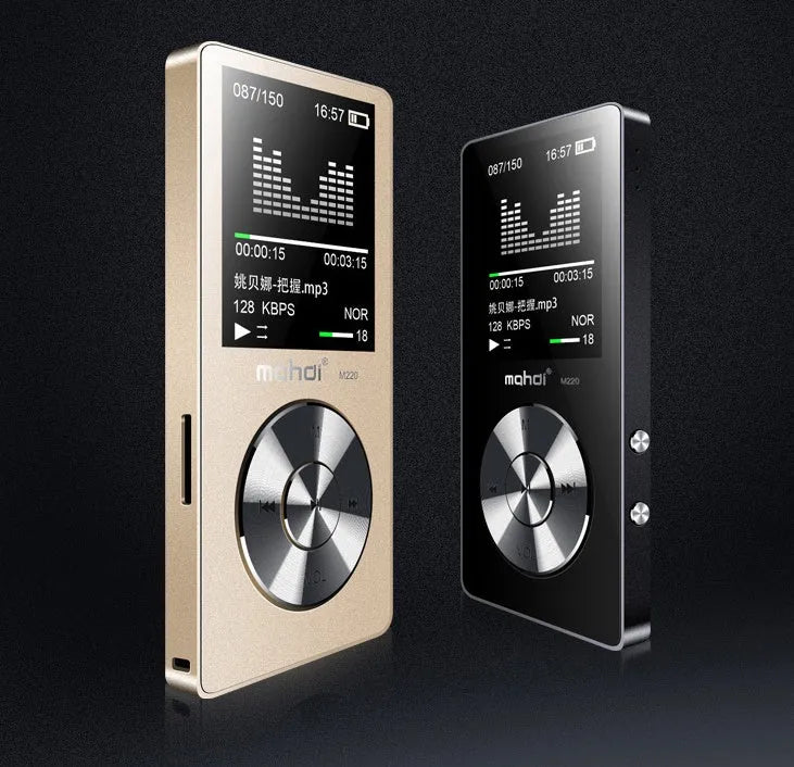Gold metallic MP3 music player with 1.8-inch screen displaying music interface